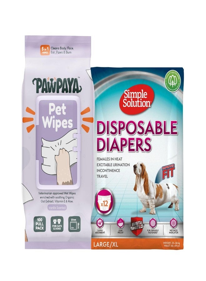 سيمبل سوليوشن عبوة ميجا كومبو من قطعتين من حفاضات الكلاب البسيطة للاستخدام مرة واحدة للكلبات (مقاسات من L إلى XL) ومناديل تنظيف الحيوانات الأليفة النباتية متعددة الاستخدامات 5 في 1 من باوبايا، عبوة من 100 منديل. - Image 1